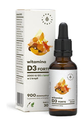 Aura Herbals Vitamin D3 Forte 2000 IU, 30 ml dropper bottle with packaging, supports immune and bone health.